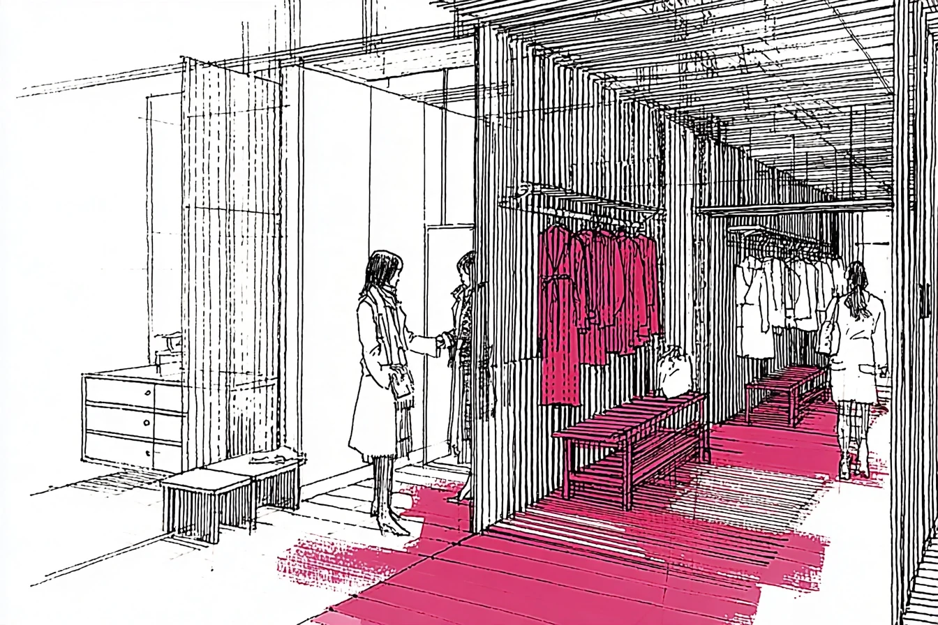 First sketch of a fitting suite: a stylist steps out of the wardrobe door in the slatted wall and hands a coat to a guest, the floor washed in magenta