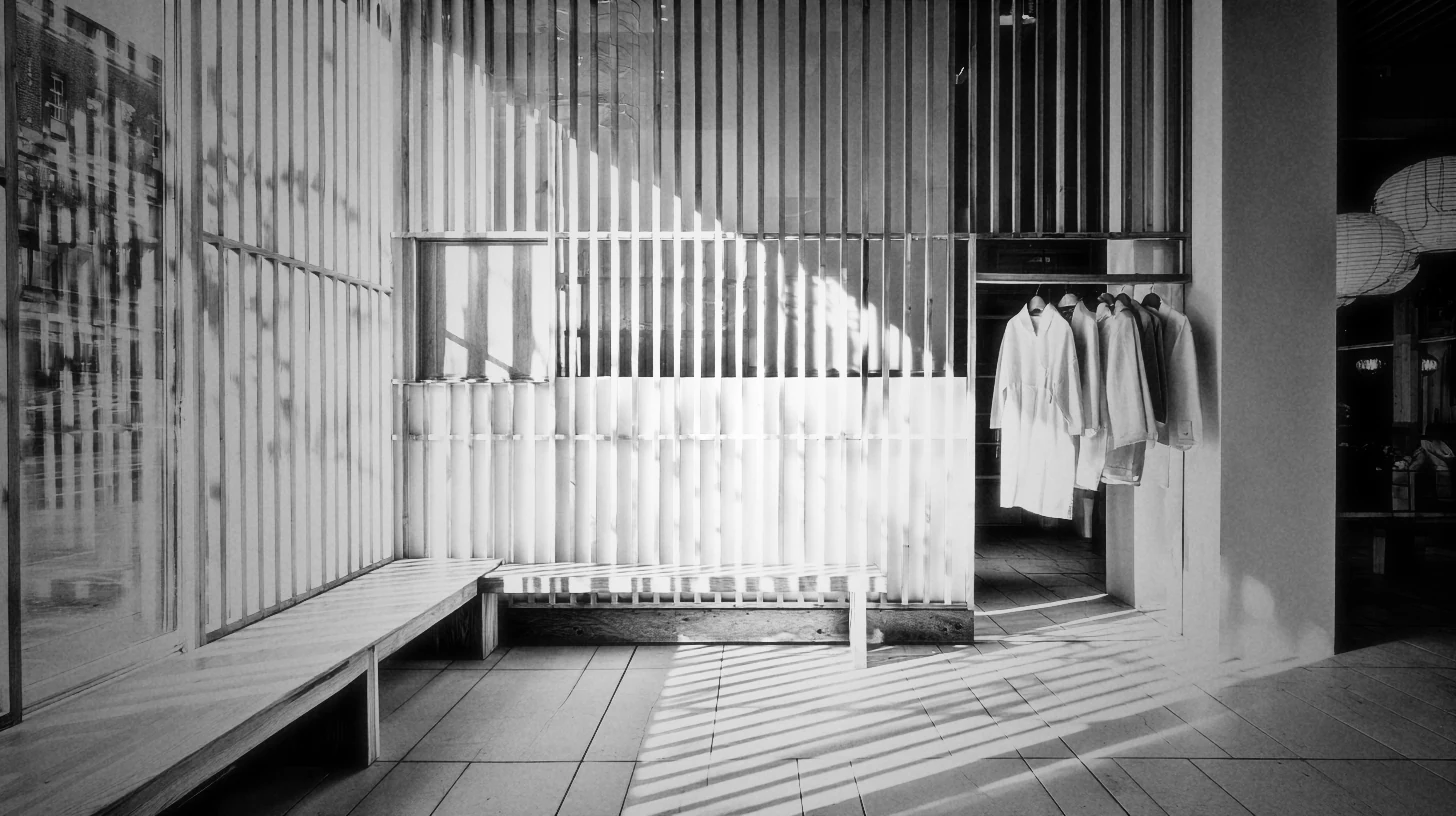 A fitting suite behind a slatted oak screen, afternoon light across the floor