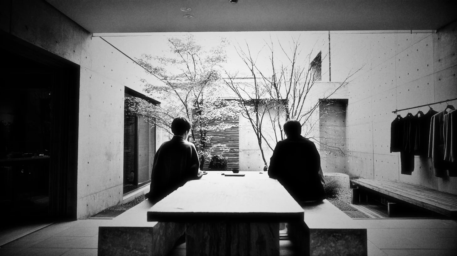 Two people at a long oak table in a concrete room, a tree beyond the glass