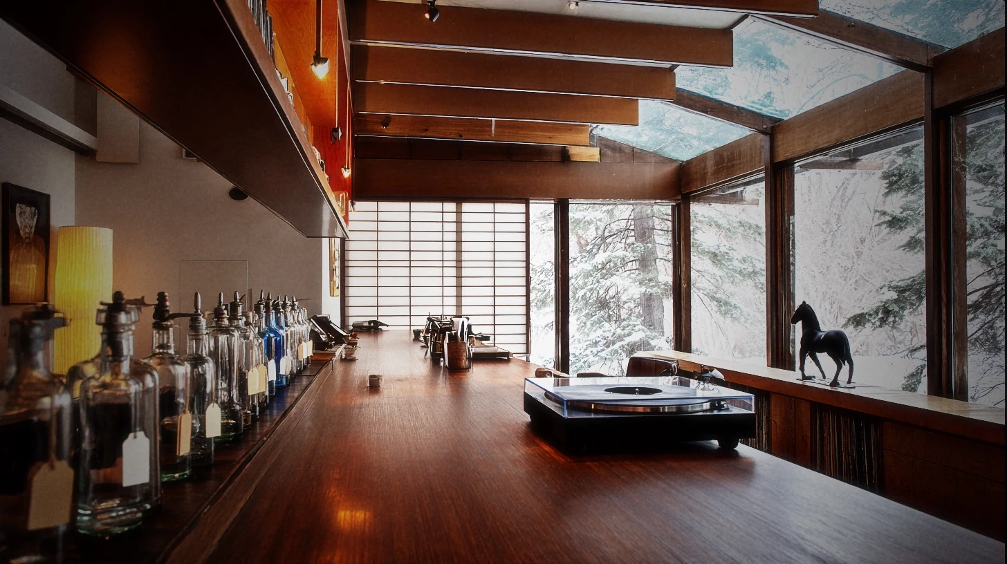 The coffee bar: tagged bottles along a mahogany counter, a turntable, a small bronze horse on the sill, snow beyond