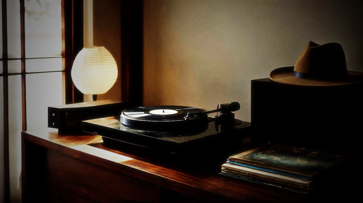A teak hi-fi cabinet: a turntable, a paper lamp, a stack of records, and a felt cowboy hat left on the speaker
