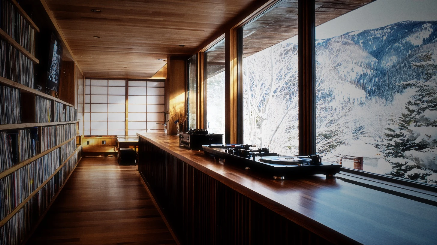 A long mahogany listening bar: records along one wall, two turntables on the bar, paper screens at the end and snowy mountains through the window