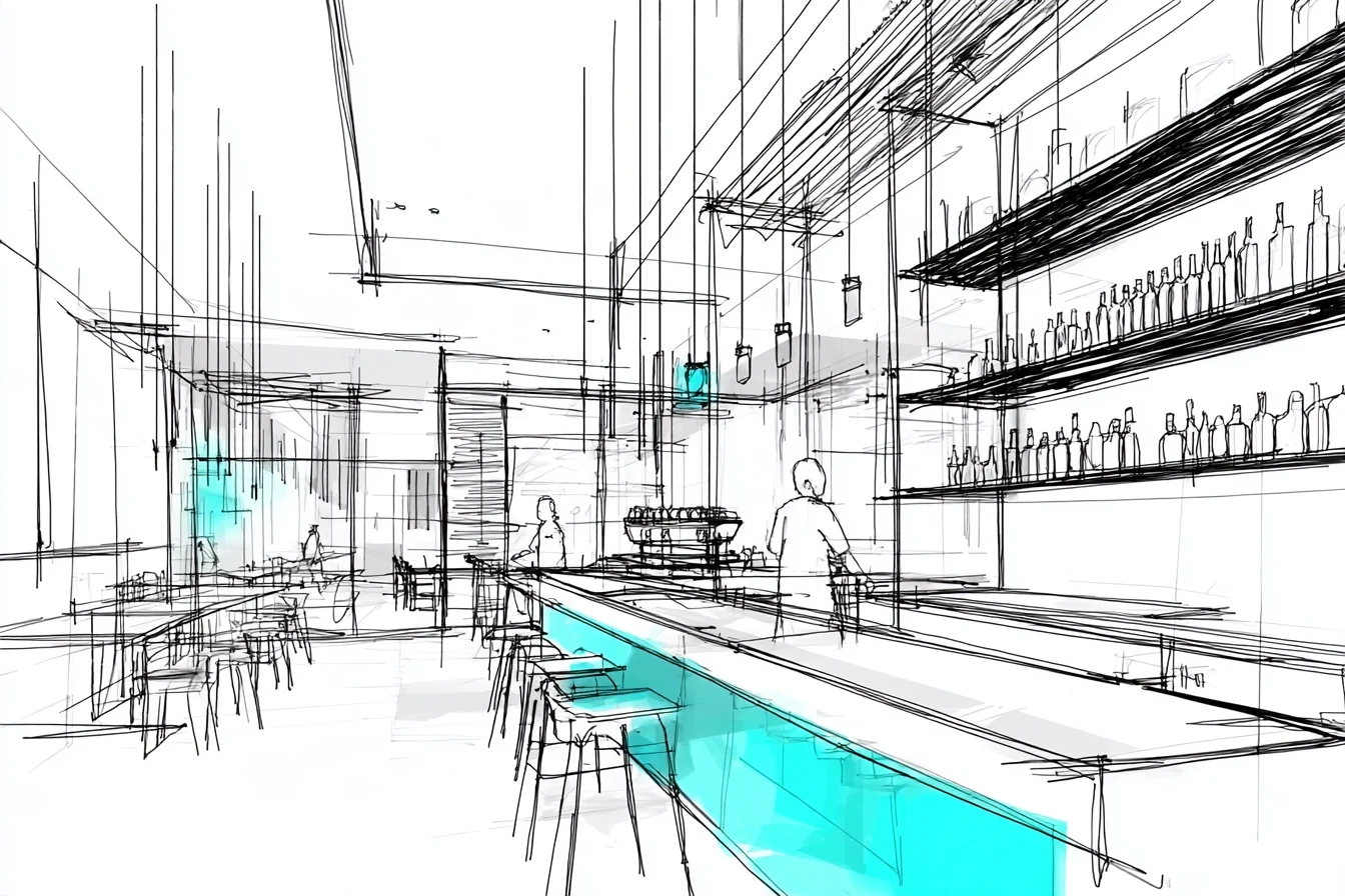 First sketch of the café: a long bar washed in cyan, bottles on the back shelves, a barista and a guest