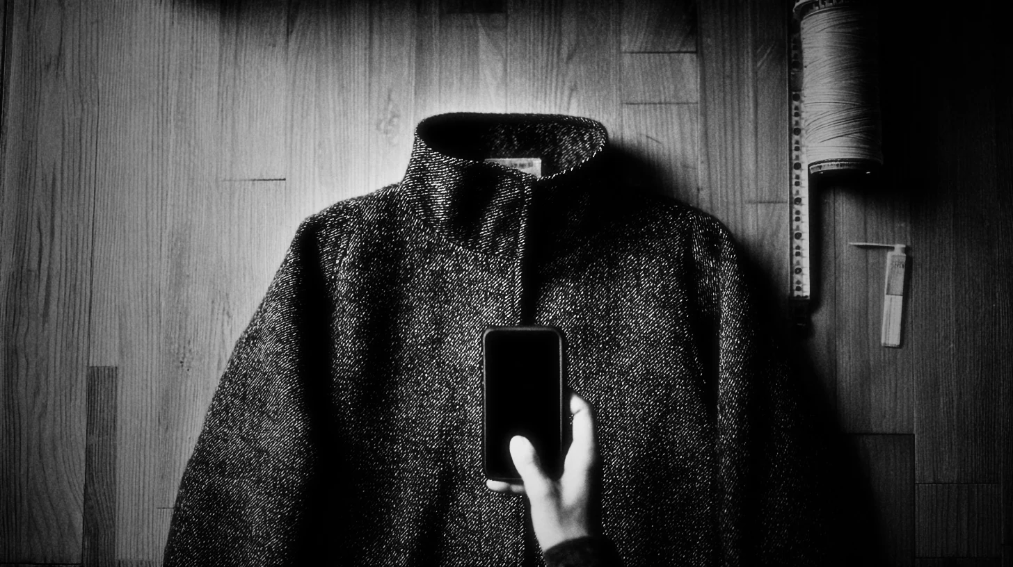 A wool coat laid flat on oak, with a tape measure and a spool of thread beside it, and a hand holding a phone over it