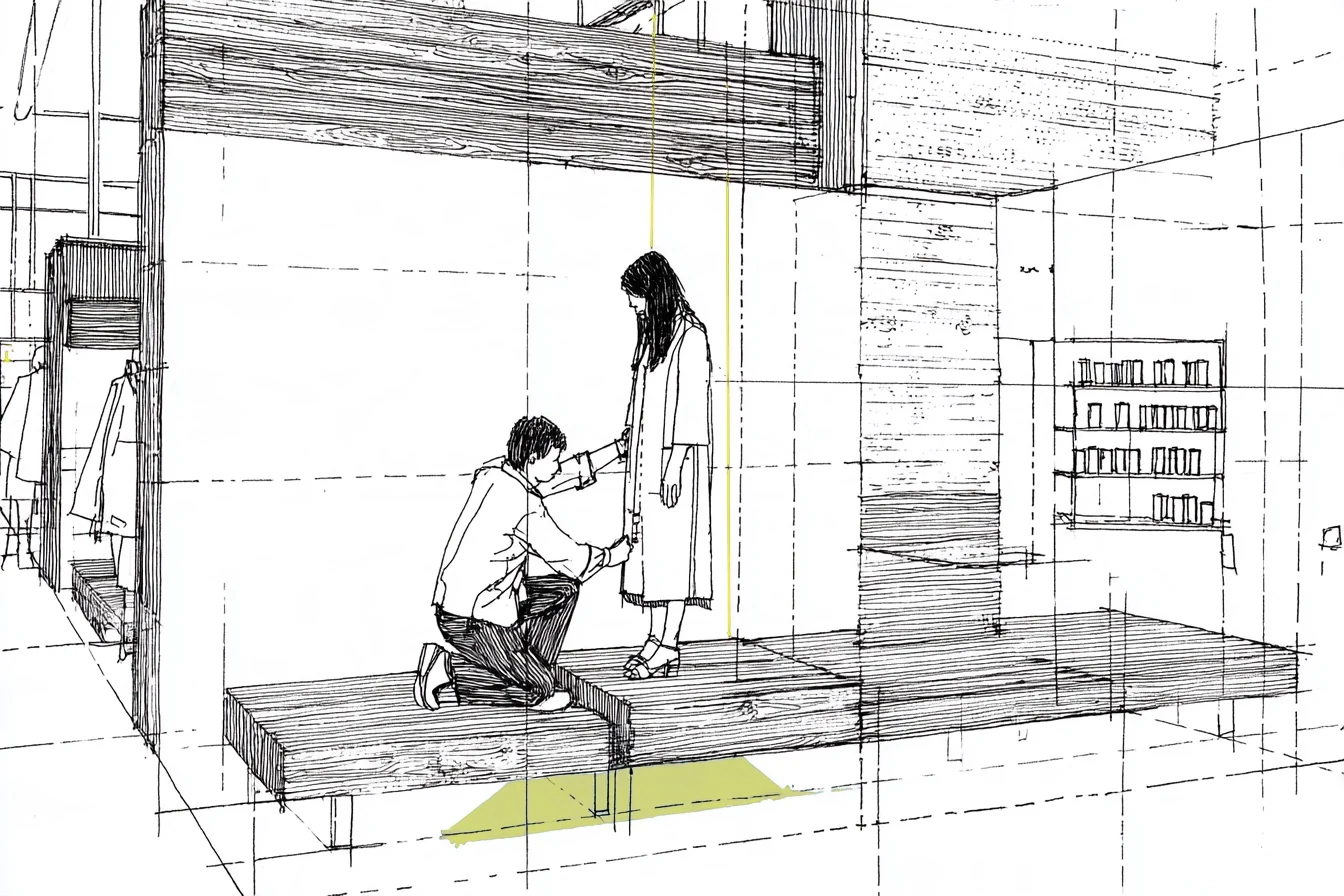 First sketch of the service bay: a tailor kneels to pin the hem of a coat on a woman standing on an oak platform, the floor washed in acid