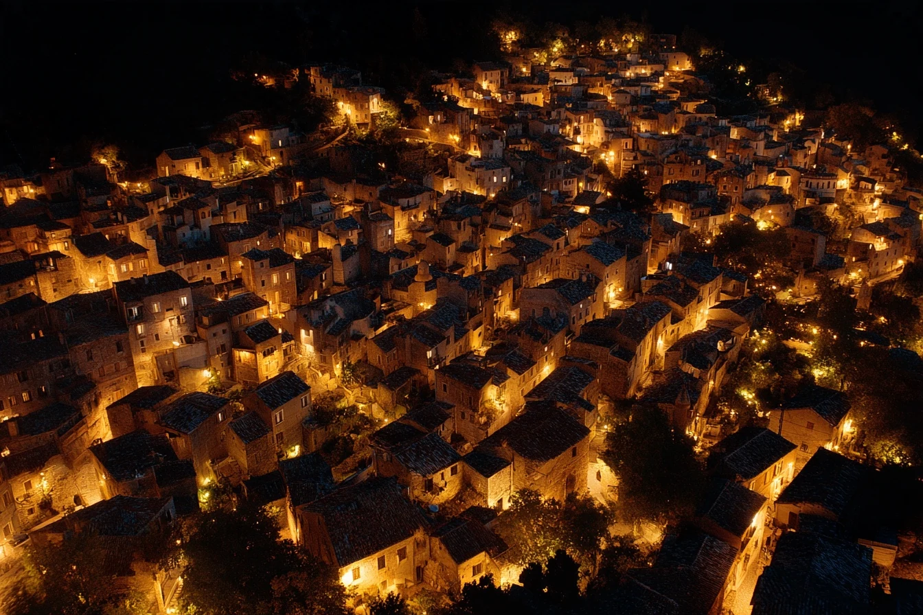A city at night from above, its streets lit warm amber
