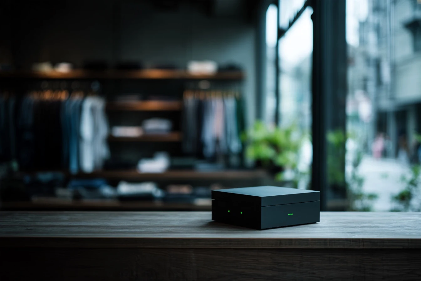 A small black computer with one green light on a wooden shelf in the back room of a clothing store, rails of stock out of focus behind