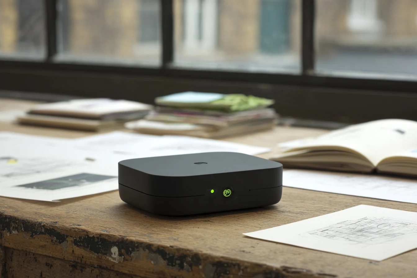 A small black computer with a green light on an oak studio table among drawings, swatches and an open notebook