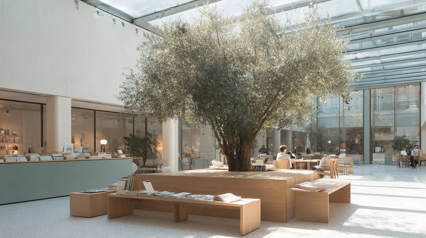 The courtyard: one tree under a glass roof, oak benches, a small café counter and a table of books