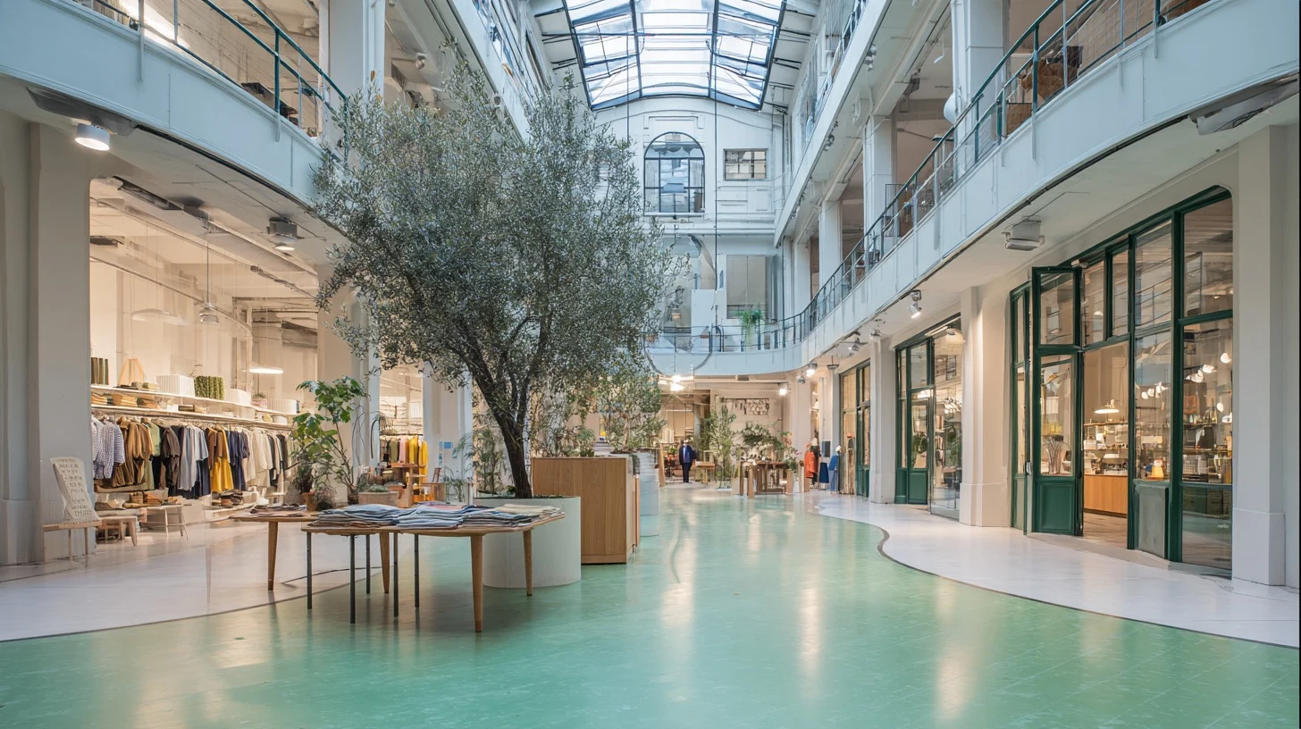A department store floor laid out as an indoor street: a green terrazzo walkway curving between open rooms of clothes and objects, and a courtyard with one tree