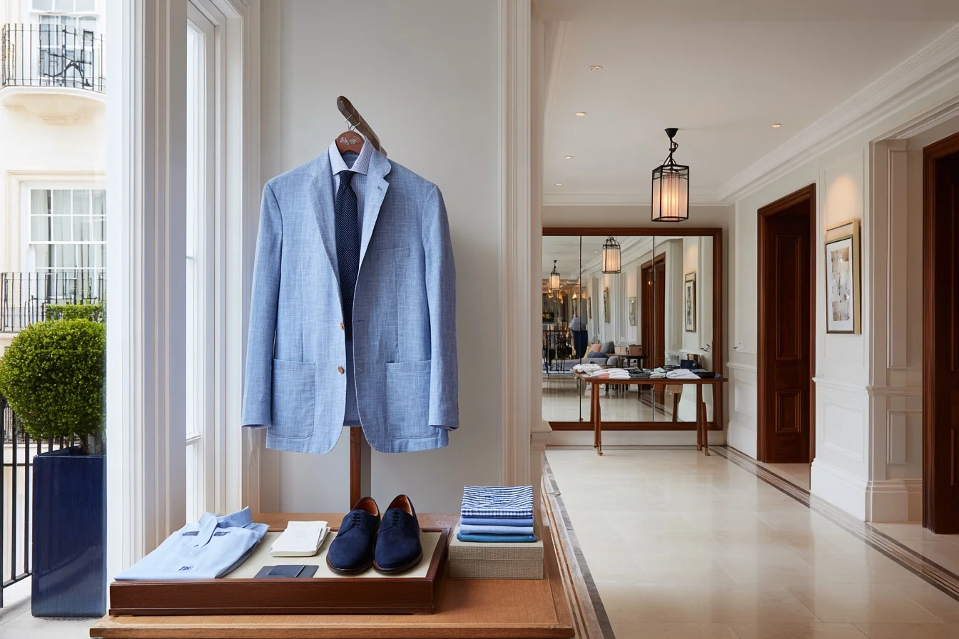 A fitting room readied for one visitor: a linen jacket on a stand, shirts and a tie laid out, suede loafers on a low plinth, a mirror, and a paper lantern lit beyond the doorway