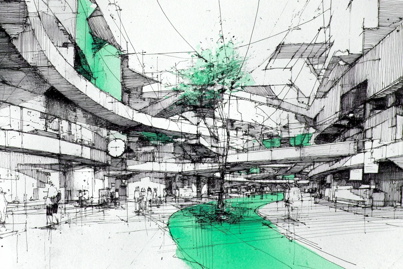 First sketch of the floor: a walkway washed in green curving past open districts to a courtyard with a tree