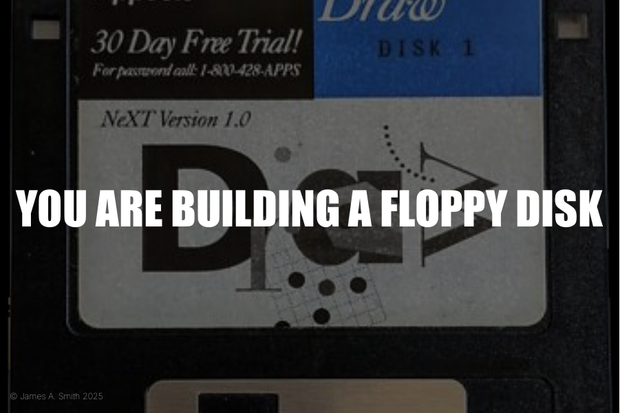 EATEN title slide: white bold text reading You Are Building a Floppy Disk over a close-up of a 3.5-inch floppy disk