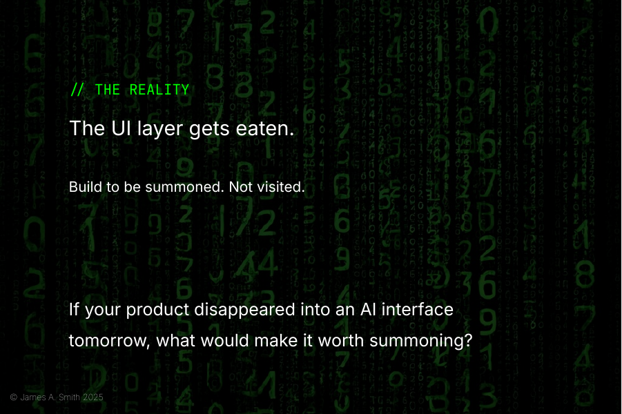 Final slide titled The Reality: The UI layer gets eaten, posing the question of what makes a product worth summoning