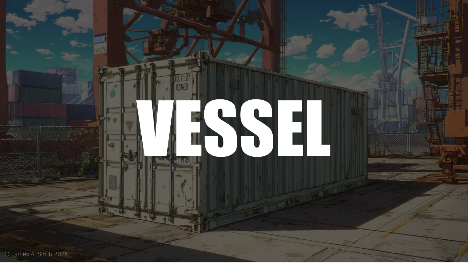 The word VESSEL in white caps overlaid on an anime-style illustration of a shipping container at port