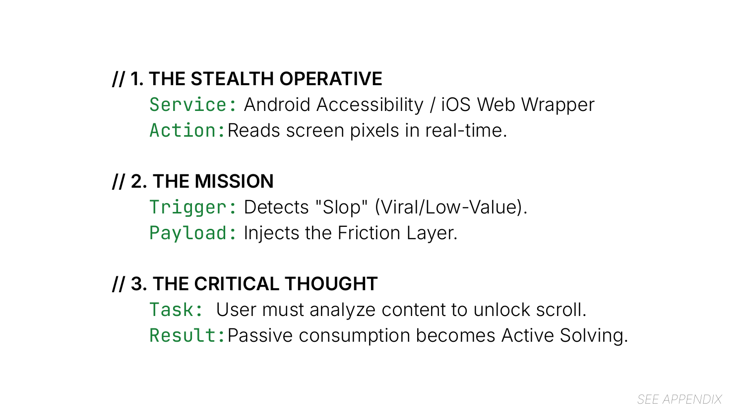 Technical outline of Stealth Operative service layer that detects low-value content and injects friction before consumption