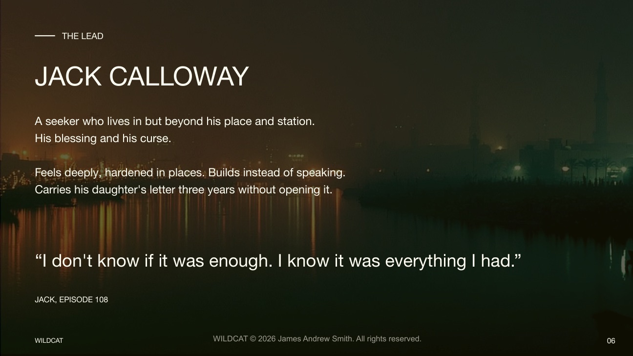 The Lead slide: Jack Calloway, a seeker who builds instead of speaking, over a dark harbor at night