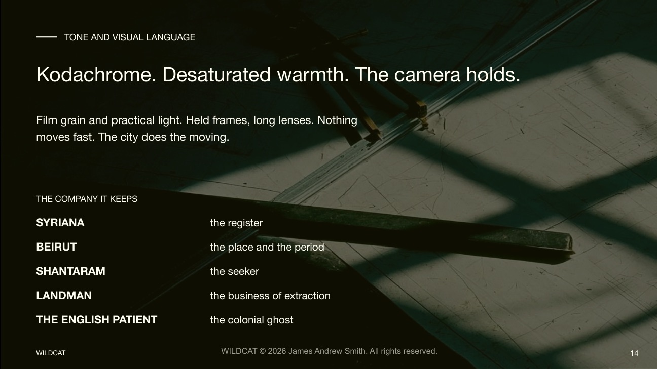 Tone and visual language slide: Kodachrome, desaturated warmth, the camera holds, over a raking-light interior
