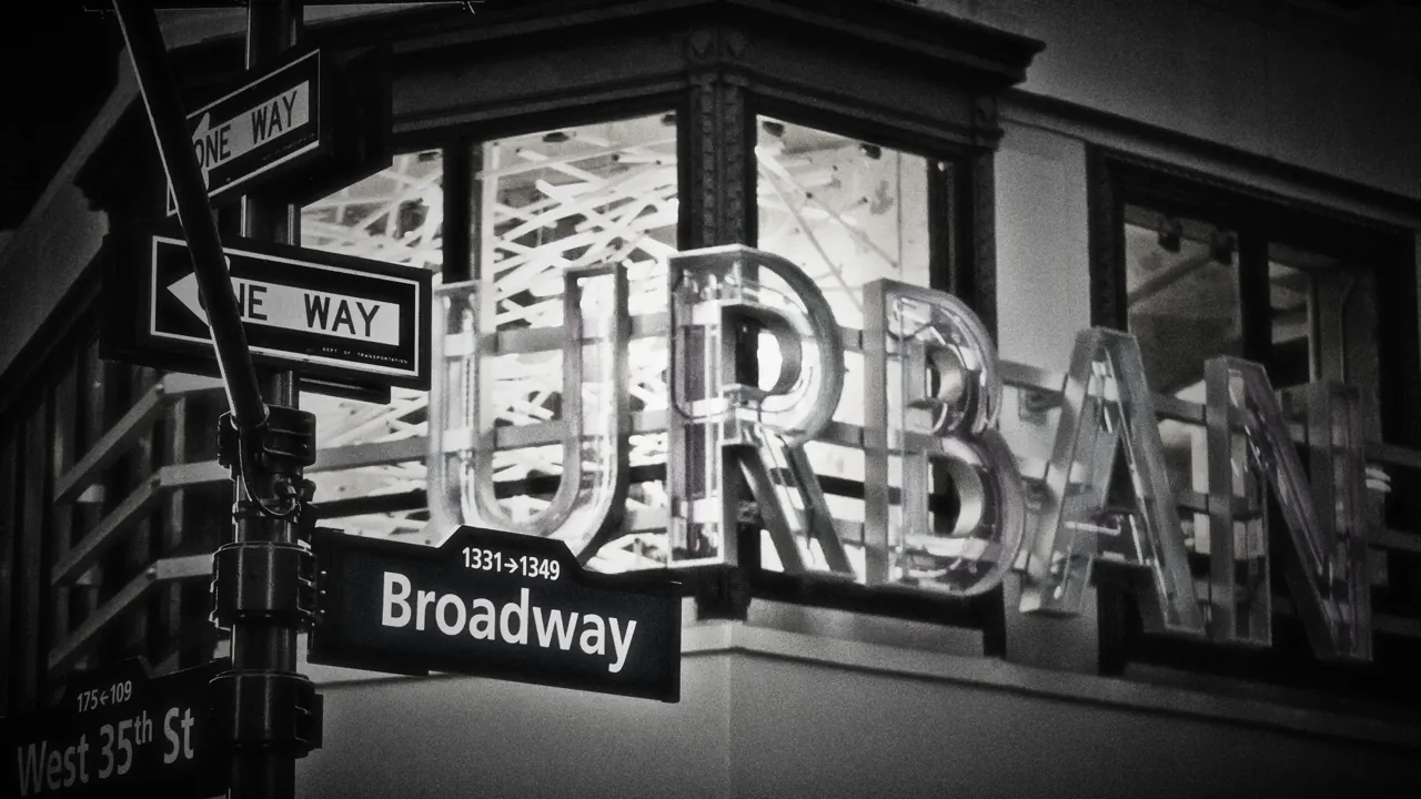 Urban Outfitters, Herald Square, New York: the lettered sign above Broadway