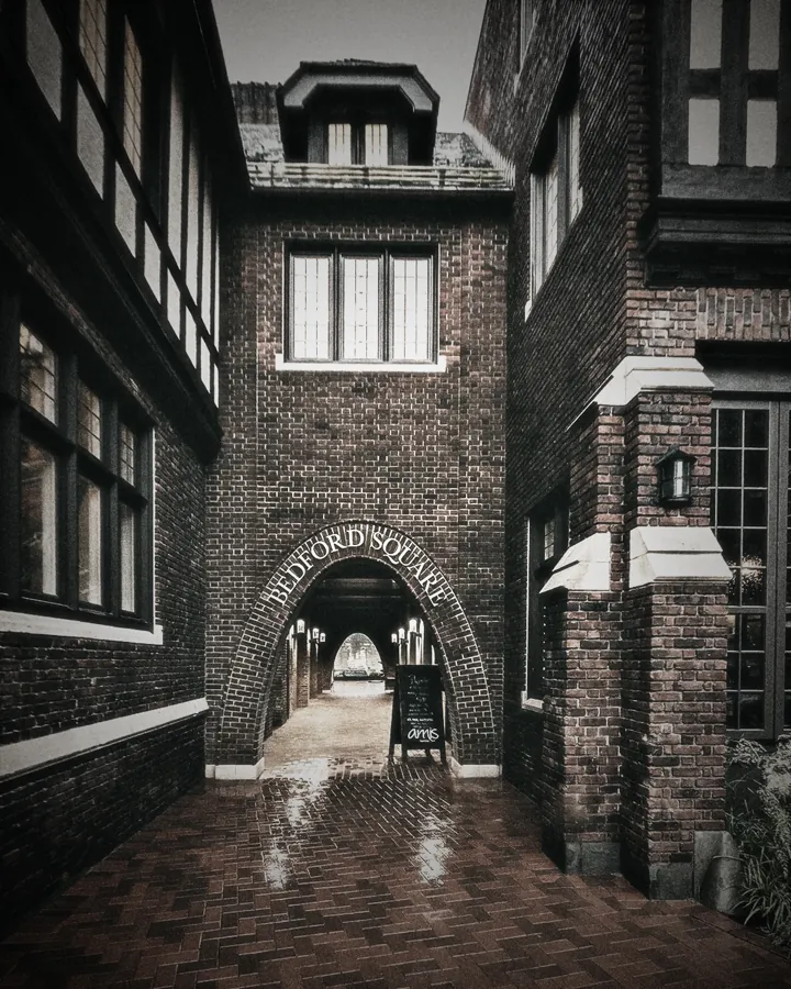 Bedford Square, Westport: the old YMCA’s brick arch, home of Anthropologie & Co., which began as a four-week prototype in a URBN warehouse