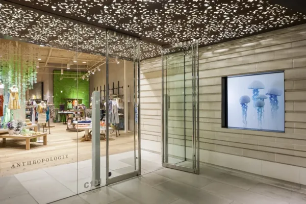Anthropologie Little Rock: a steel ceiling cut with apple blossom over the glass entry
