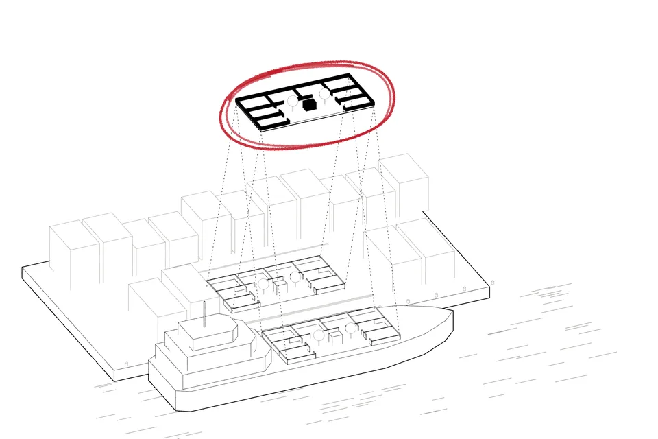 Drawing for File 01: one district plan, drawn once and ringed in red, lands in two places, on the deck of a ship at sea and in a square&nbsp;ashore.