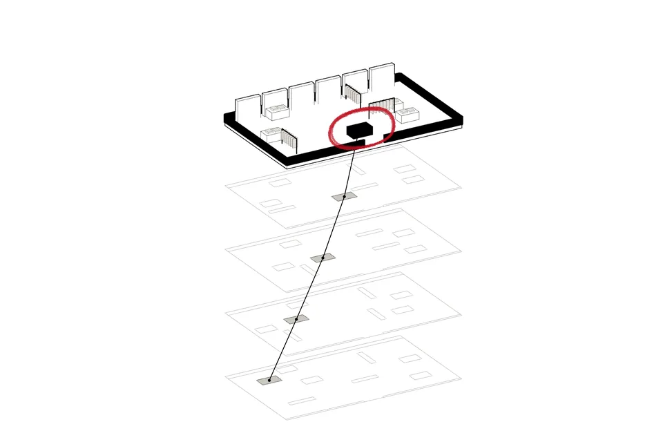 Drawing for File 02: four nights of floor plans stacked under the morning&rsquo;s store; one table, ringed in red, has walked to the door as it&nbsp;sold.