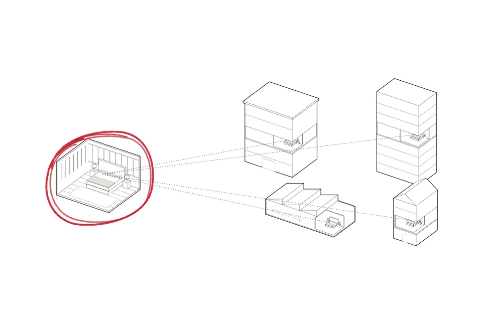 Drawing for File 03: one bedroom, ringed in red, made once and lent to four houses: a department store floor, a hotel, a furniture gallery and a designer&rsquo;s&nbsp;townhouse.