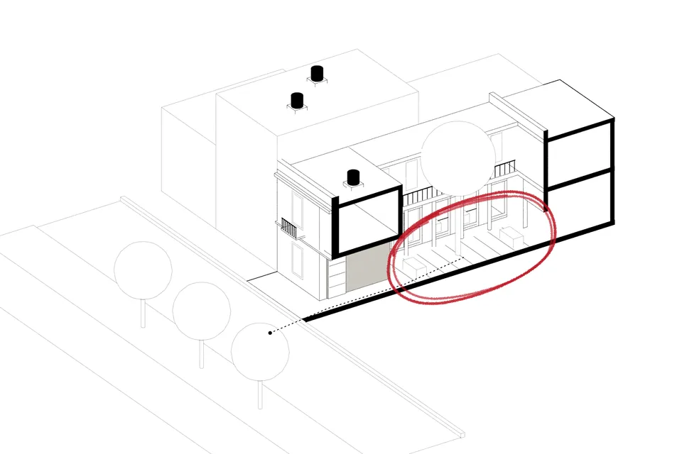Drawing for File 04: a city house cut down its middle, from the bright avenue through the shaded entrance passage to the patio open to the sky, ringed in red, where the store opens&nbsp;first.