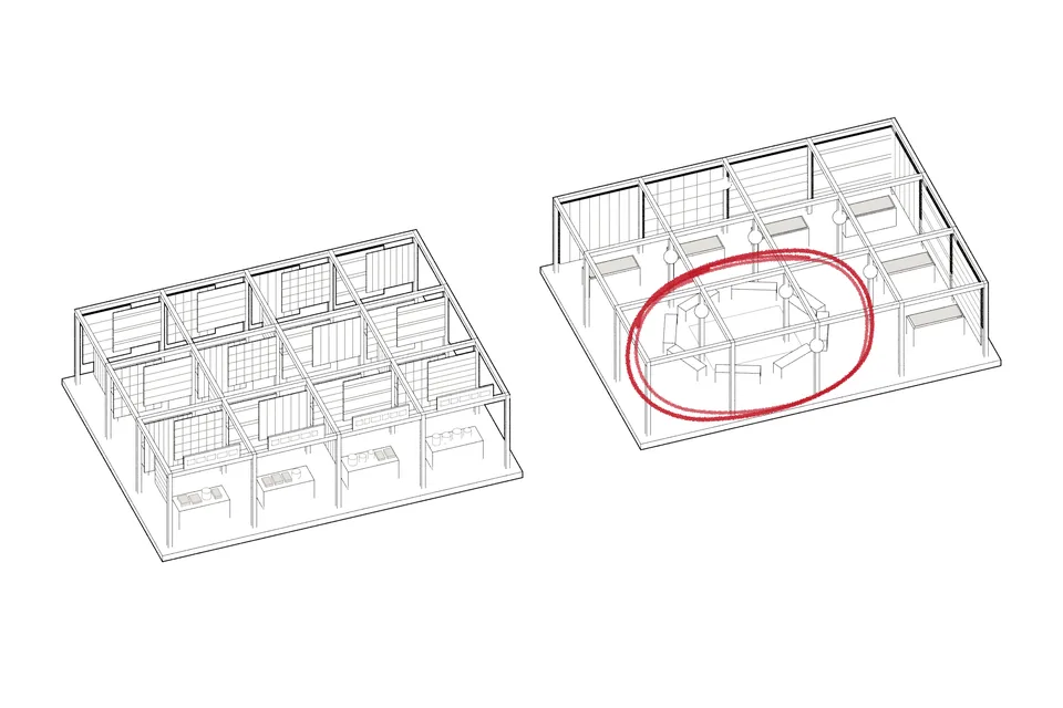 Drawing for File 05: one bare grid of frames drawn twice. In the morning every bay is a stall hung with cloth, pattern on pattern; by evening the stalls close up at the edges and the middle, ringed in red, is given to people under&nbsp;lanterns.