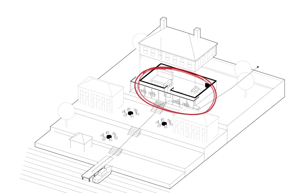 Drawing for File 06: an old coastal inn on a slope to the water; the house at the top has its upper floors lifted off, and its ground floor, ringed in red, is opened as a bar and a living room, with the porch looking down the lawn to the&nbsp;launch.