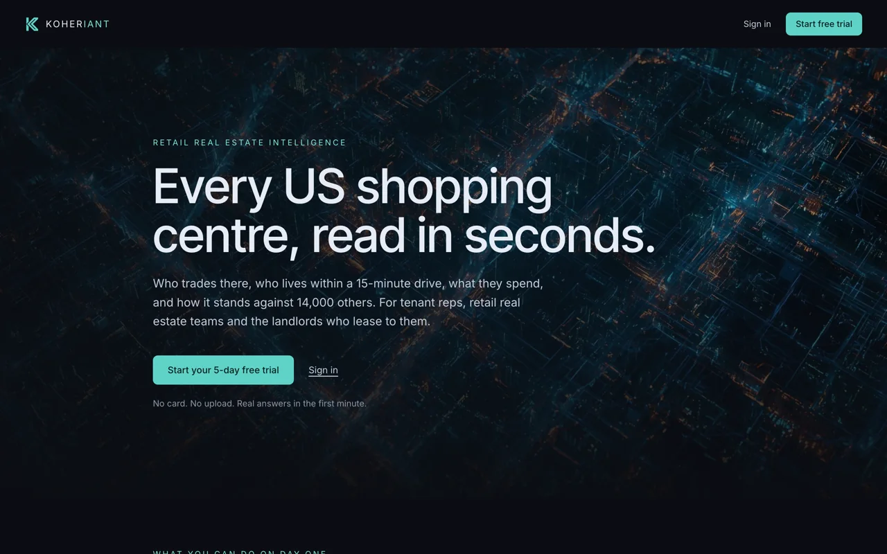 Screenshot of Koheriant: every US shopping centre, read in seconds