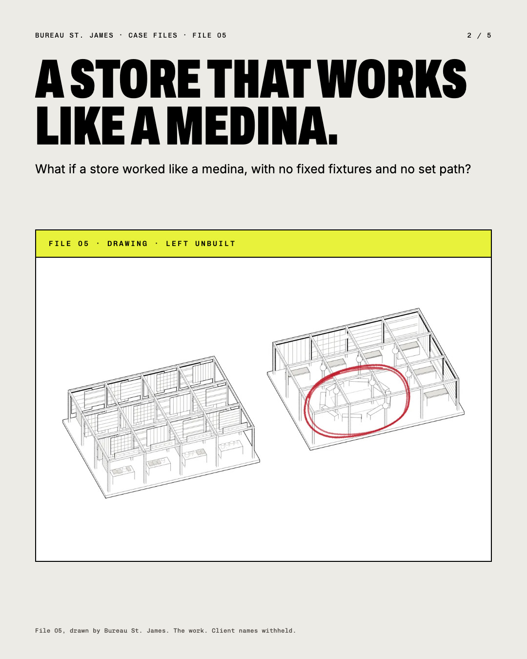 A store that works like a medina: the case question over the studio’s line drawing of a bare grid of frames.