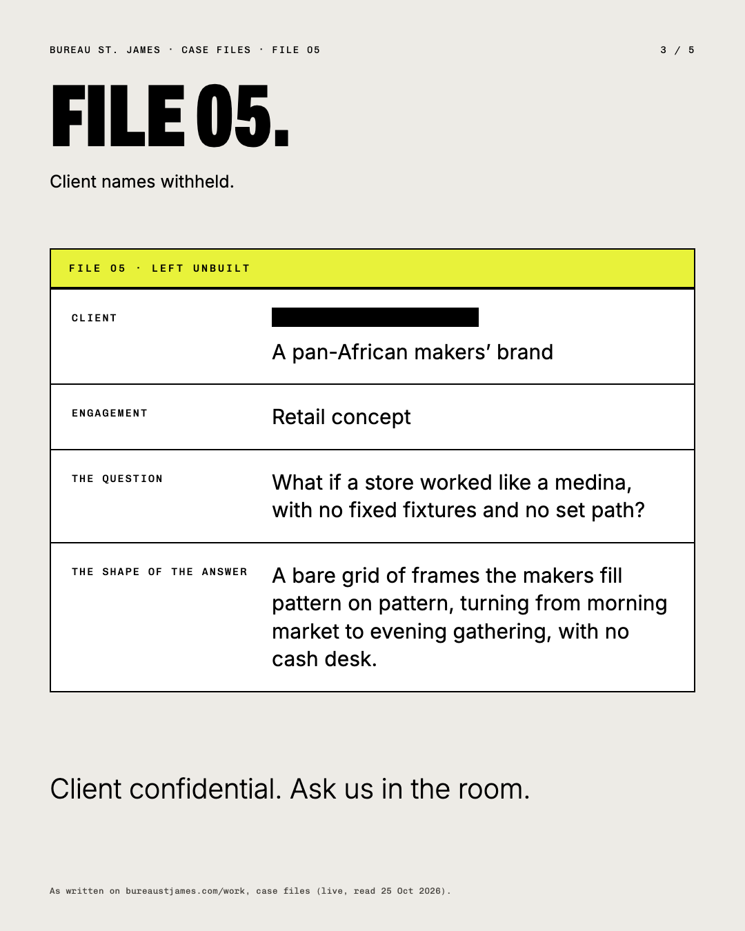 File 05 as a typed case file: client redacted, a pan-African makers’ brand, the medina question and the answer.