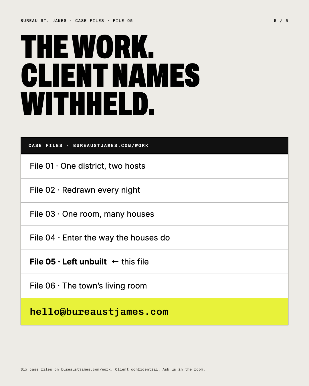 The work. Client names withheld. The six case files, File 05 marked, and hello@bureaustjames.com.