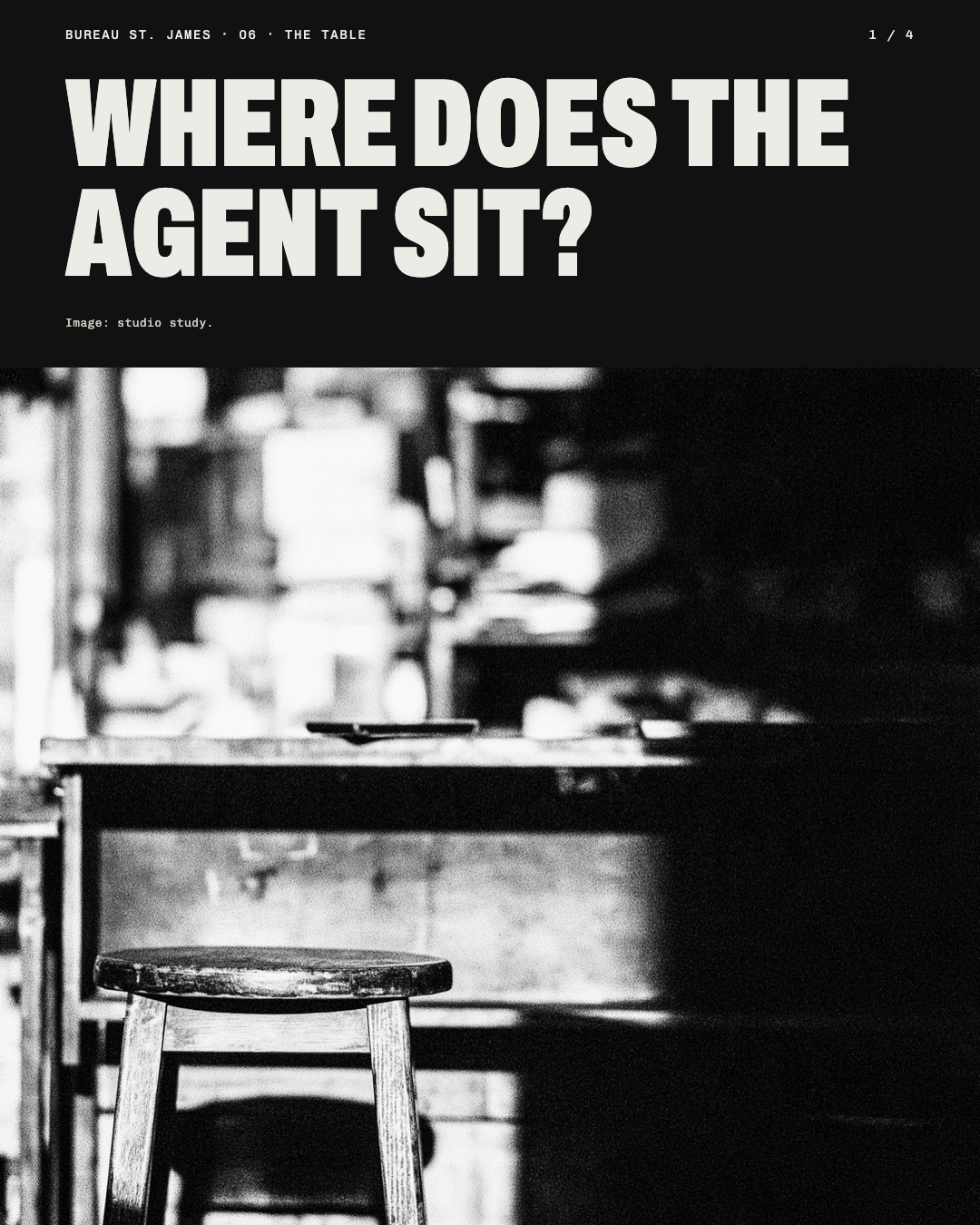 Black and white study image: an empty stool at a bar counter. Headline: Where does the agent sit?