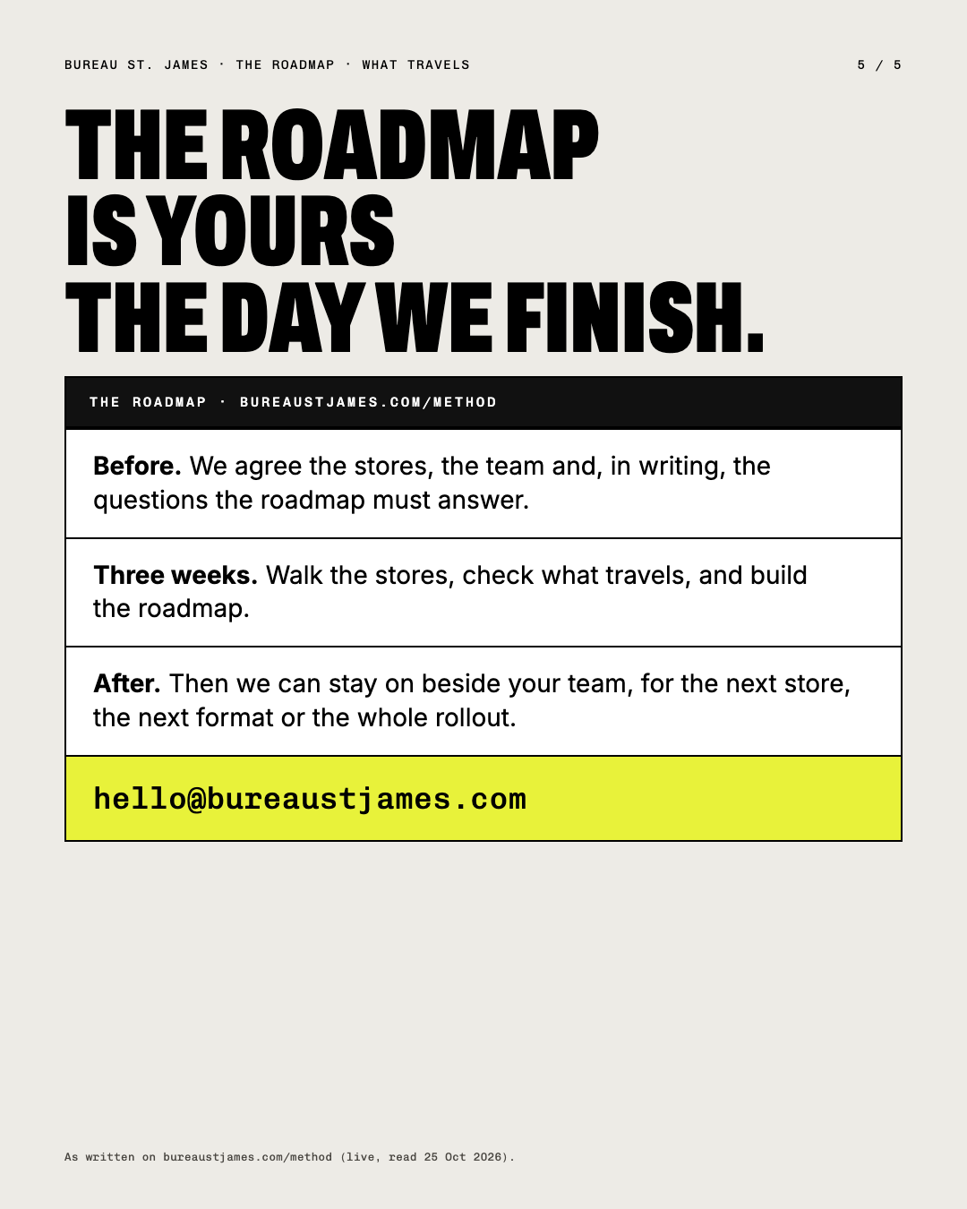 The roadmap is yours the day we finish, and hello@bureaustjames.com on a yellow strip.