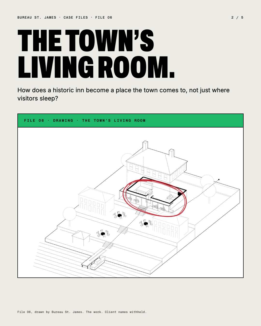 The town’s living room: the case question over the studio’s drawing of an old coastal inn.