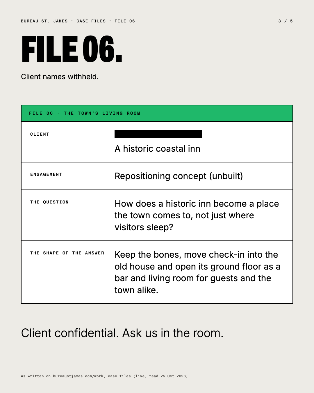 File 06 as a typed case file: client redacted, a historic coastal inn, repositioning concept.
