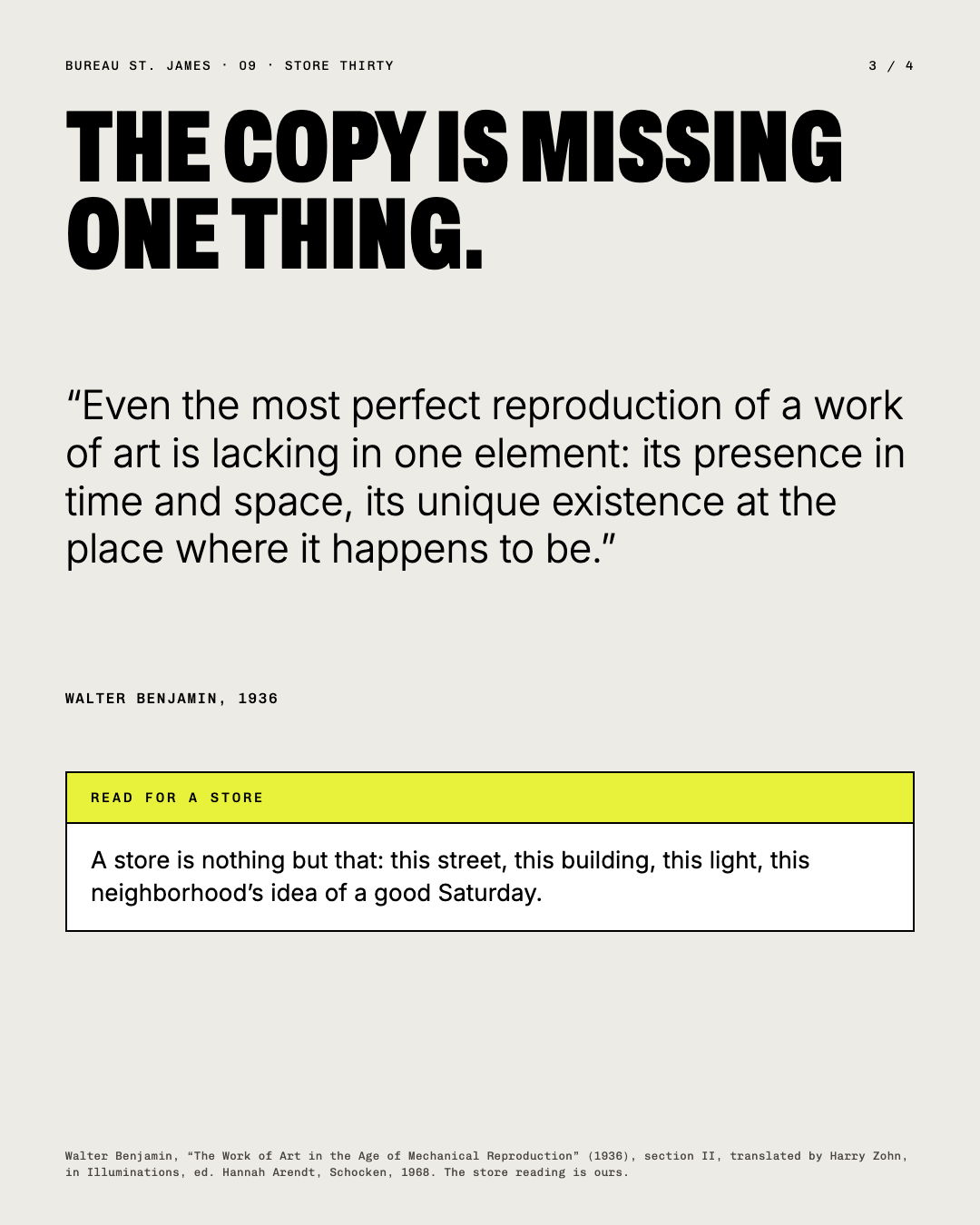 The copy is missing one thing: Walter Benjamin, 1936, on a work’s presence in time and space.