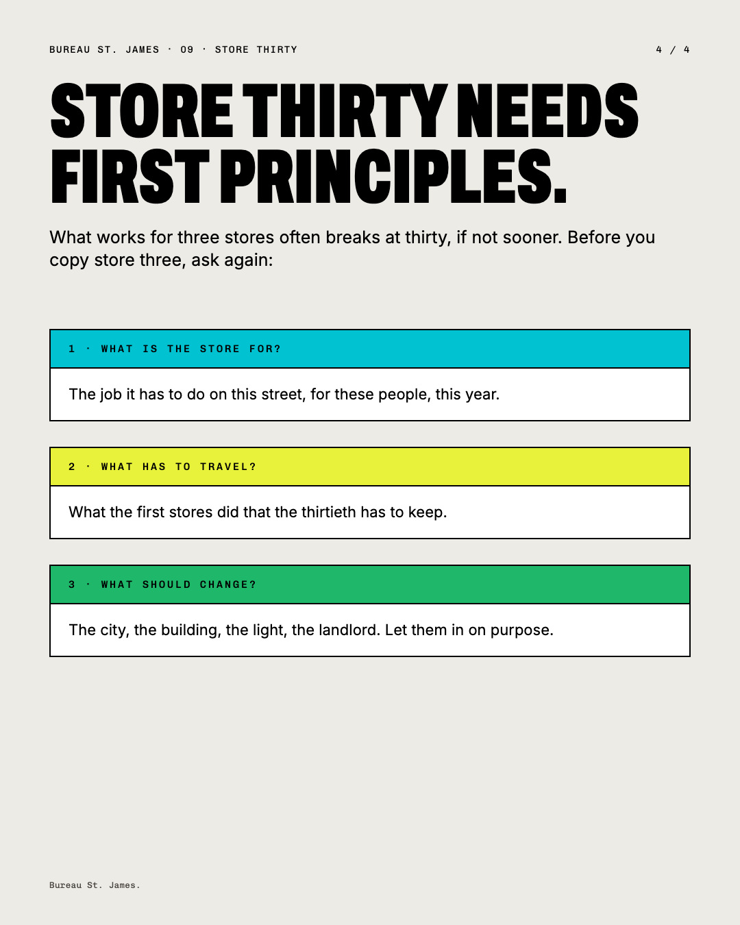 Store thirty needs first principles: three boxes on what the store is for and what it must keep.