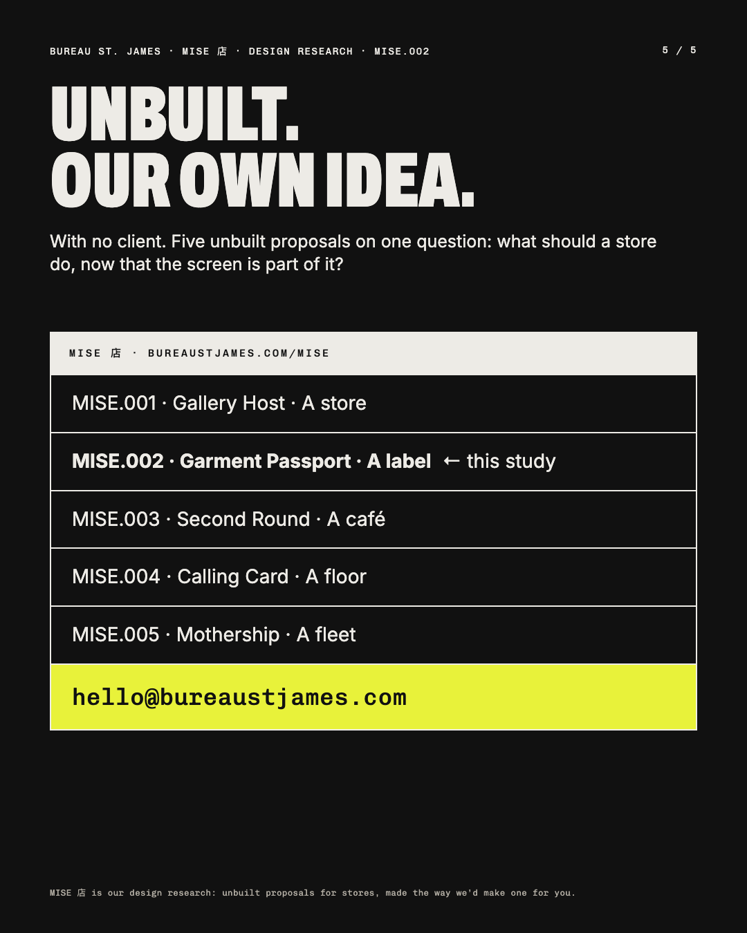 Unbuilt. Our own idea. The five MISE studies listed, Garment Passport marked.