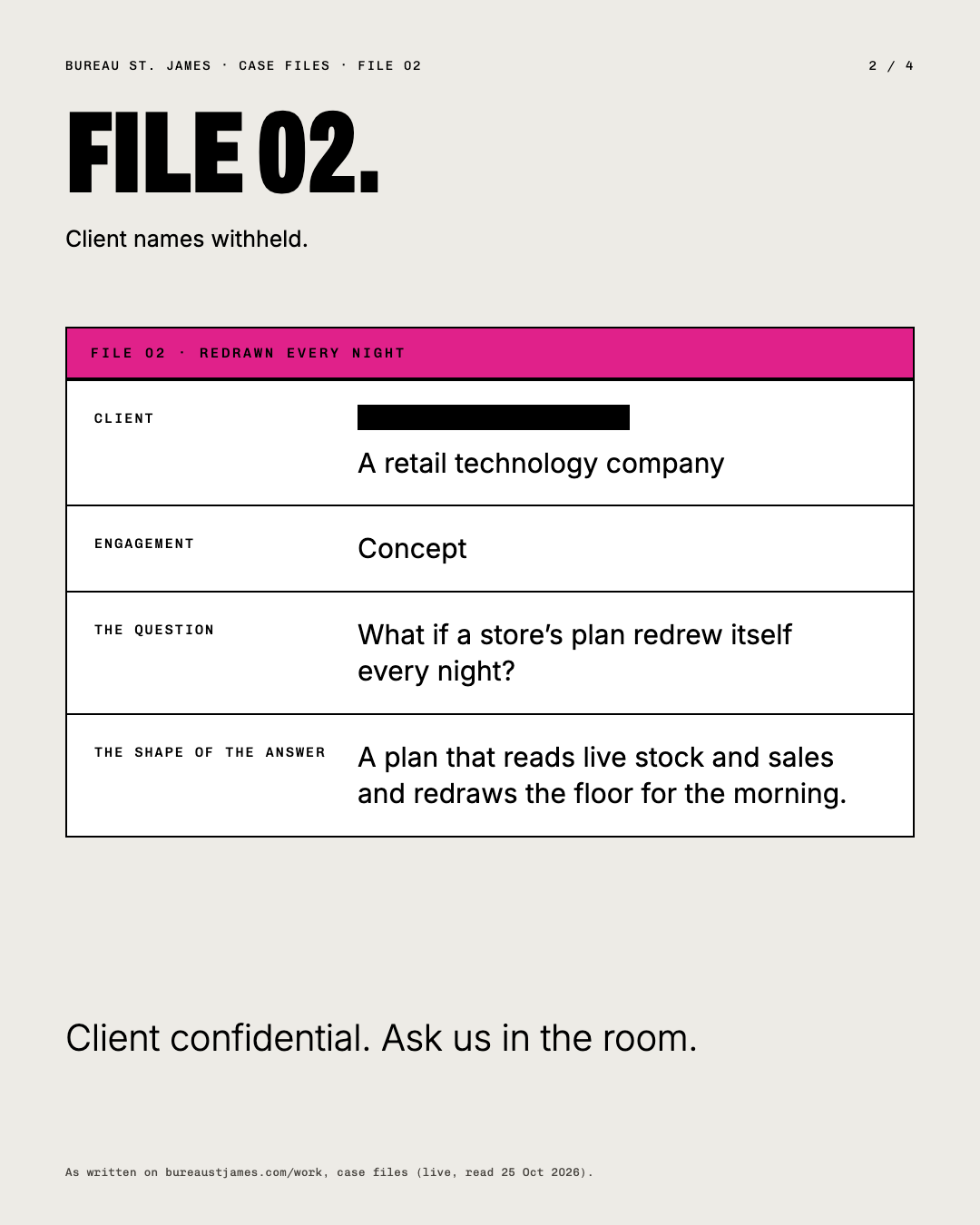 File 02 as a typed case file: client redacted, a retail technology company, concept.